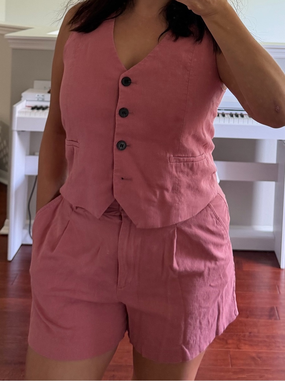 Zara Rose Pink Linen-Blend Vest and Shorts Set